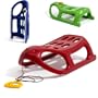 Red strong plastic sledge with metal runners and rope