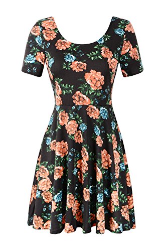Jc.kube Womens short Sleeve Floral Skater Swing Casual Dress