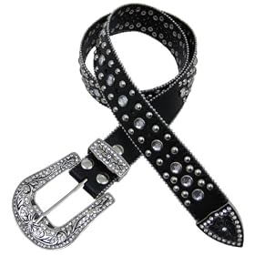 Crystal Rhinestone Studded Black Leather Western Belt