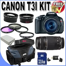Canon EOS Rebel T3i 18 MP CMOS Digital SLR Camera and DIGIC 4 Imaging with EF-S 18-55mm f/3.5-5.6 IS Lens & Canon 75-300 f/4-5.6 III Lens + 58mm 2x Telephoto lens + 58mm Wide Angle Lens (4 Lens Kit!!!!!!) W/32GB SDHC Memory+ Extra Battery + Charger + 3 Piece Filter Kit + UV Filter + Canon Gadget Bag