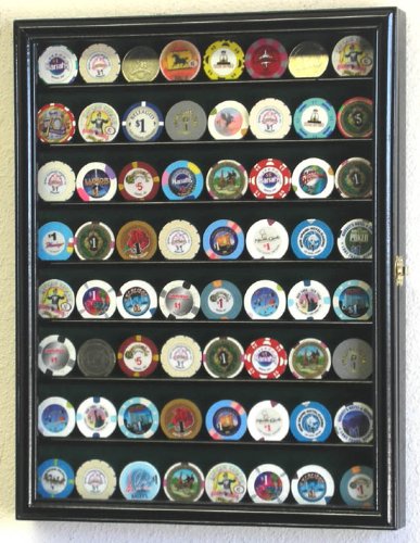 Casino Chips / Coins Display Case Cabinet Holders Rack w/ UV Protection -Black Finish