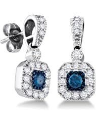 10K White Gold Round Brilliant Cut Blue and White Diamond - Milgrain Channel Set Dangle Earrings with Secure Push Back Closure - (2/3 cttw.)