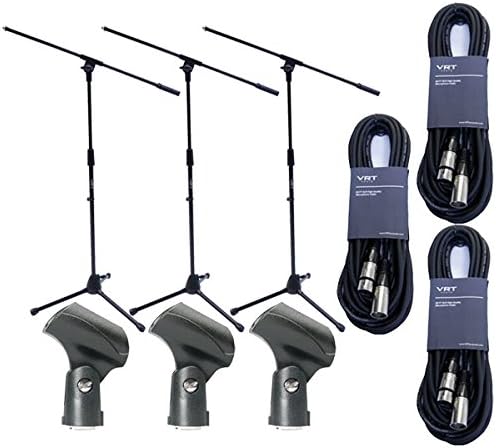 VRT Pro Audio Mic Boom Stand Tripod Height Adjustable 3-pack w/ 3 20' XLR Cables & Mic Holders