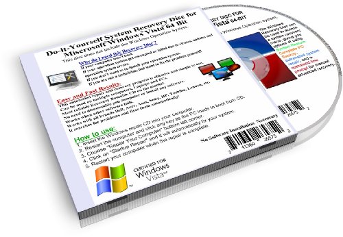 Windows Vista System Recovery disk Live Boot CD 64 bit DVD (disc works with Home Basic, Home Premium, Business, and Ultimate)
