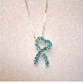 Ovarian Cancer Awareness Teal Ribbon Crystal Heart Necklace