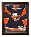 New York Islanders Hockey Jersey Display Case, Cabinet Style with Mahogany Finish Frame