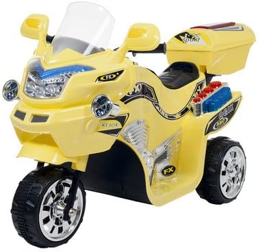 3 Wheel Battery Powered Motorcycle- Sport Bike- Moves Forward and in Reverse- With Horn Sound Effects, Chrome Headlights and Colorful Decals- A Storage Box on the Back- Yellow Color*