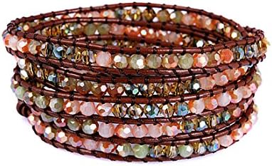 Eudora Mix Color Crystal Glass Bead on Genuine Leather Bracelet, 5 Wraps, 4.2mm/bead