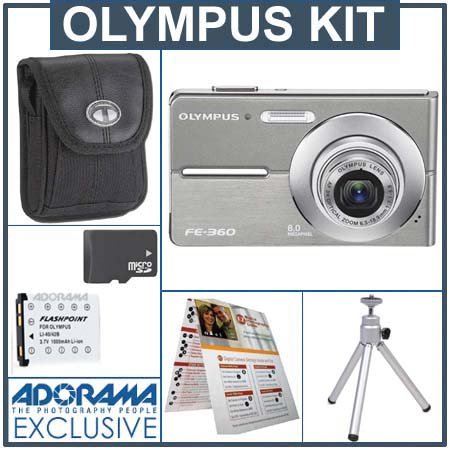 Olympus FE-360 Digital Camera Kit, Silver with 2 GB xD Picture Memory Card, Spare LI-42B Type Lithium-ion Battery, Camera Bag, Table Top Tripod, EZ Digital Photography Guide Card