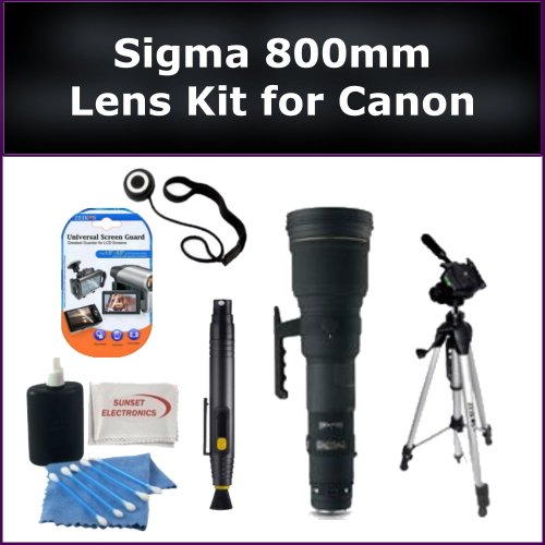 Sigma Super Telephoto 800mm f/5.6 EX DG APO HSM Autofocus Lens for Canon EOS Rebel T1i 500D, T2i 550D, T3 1100D, T3i 600D Digital SLR Cameras. Package Includes: Sigma 800mm Lens, Lens Cap Keeper, Lens Cleaning Pen, 57'' Tripod, LCD Screen Protectors, and Cleaning Kit with SSE Microfiber Cleaning Cloth