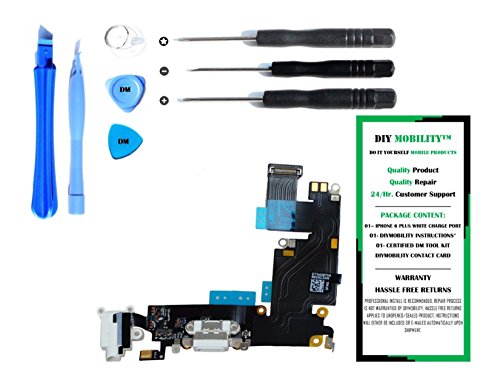 iPhone 6 Plus Charge Port Dock, and Headphone Jack Flex Cable (WHITE) Replacement Kit with DM Tools and Instructions Included - DIYMOBILITY