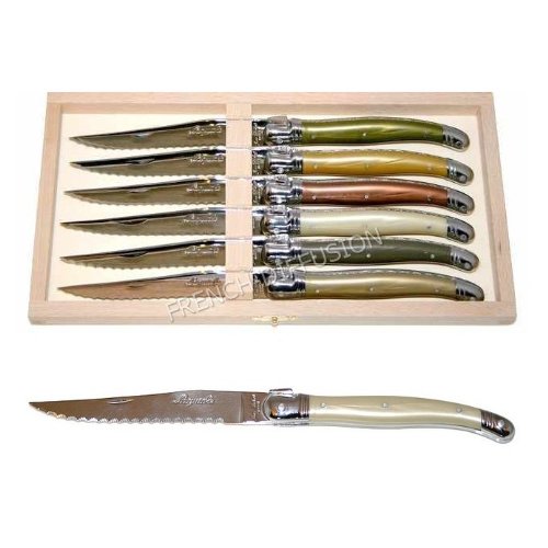 LAGUIOLE® Jean DUBOST 25/10 - 6 couteaux STEAK - MULTICOLORE (6 couleurs foncées/douces : PERLE - CARAMEL - POIVRE - BRUN - VERT OLIVE - GRIS) - en acier 25/10 inoxydable - lame: 2.5 mm d'épaisseur ! - micro-dentelée - en coffret en bois fermant (LAGUIOLE officiel - ensemble de table authentique & original - lame dentée - garantie lave-vaisselle - emballage & message cadeau disponible - fabriqué en FRANCE)
