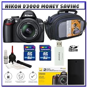 Nikon D3000 10MP Digital SLR Camera w/ 18-55mm f/3.5-5.6G AF-S DX VR Nikkor Zoom Lens w/ Two (2) Transcend 8GB SDHC Card + 2-Year Extended Warranty for Nikon D Series + EN-EL9a Battery + Case + Accessory Kit