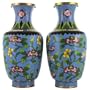 Vintage Collectible Pre-Owned Pair of Light Blue Cloisonne Vases with Flower Design; 8 inches tall and 4 inches wide