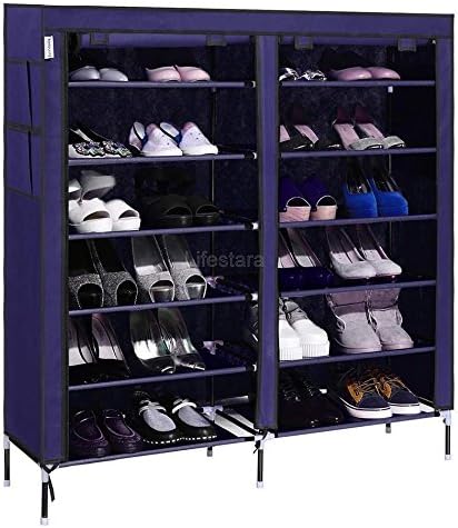 6-tier 2 rows Shoe Cabinet Rack Shoes Stand Storage Wardrobe Organizer with shelves (Navy Blue)