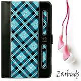 Limited Edition Blue Plaid Protective Slim and Durable Professional Faux Leather Executive Portfolio Cover Carrying Case with Memory Card Slots For Amazon Kindle Fire Full Color 7″ Multi-touch Display, Wi-Fi (Newest Tablet) + Includes a Crystal Clear High Quality HD Noise Filter Ear buds Earphones Headphones ( 3.5mm Jack )