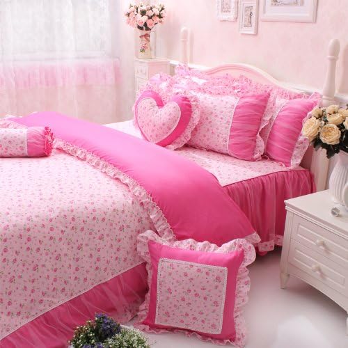 FADFAY Home Textile,Girls Fairy Bedding Sets,Cute Princcess Lace Ruffle Bedding Set,Rustic Pink Rose Print Bedding Set,6/7Pcs
