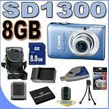 Canon PowerShot SD1300IS 12 MP Digital Camera w/4x Wide Angle Optical IS Zoom (Blue) 8GB BP6L Battery/Charger BigVALUEInc Accessory Saver Bundle