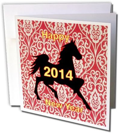 3dRose Florene Holiday - Image of Chinese New Year Horse Red Damask With Happy New Year 2014-12 Greeting Cards with envelopes (gc_163078_2)