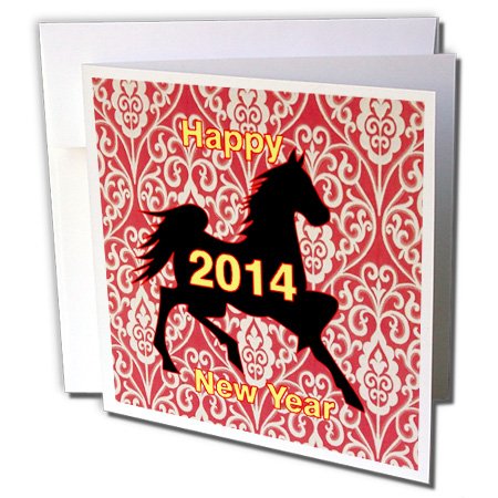 3dRose Florene Holiday - Image of Chinese New Year Horse Red Damask With Happy New Year 2014-12 Greeting Cards with envelopes (gc_163078_2)