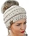 FENGGE Messy Bun Hat   Quality Knit Soft Stretch Winter Warm Cable Knit Fuzzy Lined Ear Warmer Headband(Oatmeal Flecked)
