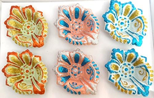 Diwali / Deepavali Decorative Hand Painted Terracotta Diya (Pack Of 6), 85mm x 90mm x 23mm Multi-Colored