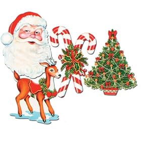 Retro 70's Christmas Decorations (Package of 4), includes classic smiling Santa