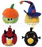 Angry Birds Halloween 5-inch Plush Set of 4--Red Devil Bird, Black Frankenstein Bird, Yellow Bird with Wizard Hat, Green Pig with Pumpkin