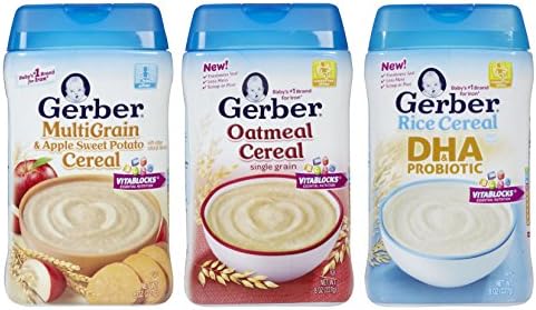 Gerber Baby Cereal 3 Flavor 8oz. Variety Pack: (1) MultiGrain & Apple Sweet Potato Cereal, (1) Oatmeal Cereal Single Grain and (1) DHA & Probiotic Rice Cereal