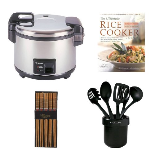 Zojirushi NYC-36 20-Cup Commercial Rice Cooker and Warmer in Stainless Steel + Ultimate Rice Cooker Cookbook + KitchenAid Cook's Series Ceramic Crock With Tools Set + Silk Wrapped Chopsticks 5-Pack