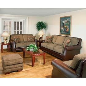 3 pc Cognac Leather / Fabric Embrace Sofa Loveseat & Chair Living Room Set