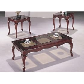 3PCS Queen Anne Style Coffee & End Table Set w/Glass Insert