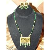 Gold Plated Emerald Green Beaded Thewa Necklace Set Ethnic Design Set 3pc Tradaitional Jewelery