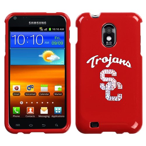 SAMSUNG SPRINT ANDROID GALAXY S II 2 EPIC TOUCH 4G D710 HARD PLASTIC DESIGN RED AND WHITE USC TROJANS SWAROVSKI CRYSTAL DIAMOND SNAP ON CASE COVER