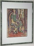 Lady with Banjo, 1946 Original Watercolor Painting and Crayon Drawing By Carmel Artist Victor Di Gesu - Framed Artwork