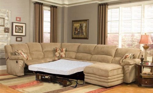 Sectional Recliner Sofa with Sleeper Beige Microfiber