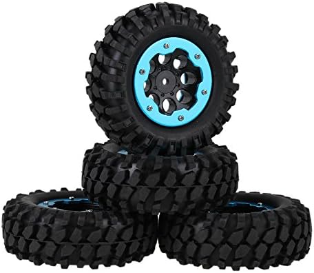 Mxfans Black Gravel Pattern Rubber Tyre &amp; Black Plastic 8 Holes Wheel Rim with Blue Alloy Beadlock for RC 1:10 Rock Crawler Pack of 4