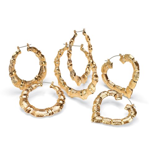 Deals 14k Gold-Plated Set of Three Pairs of Bamboo-Style Hoop Pierced Earrings