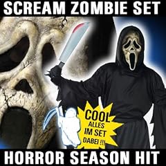Scream 4 Zombie Movie Set Original Kino Lizenz Latex Maske, Scream Horror Kutte + G�rtel, Blut Machete und schwarze Handschuhe Kult Kino Mega Halloween Horror Kost�m Schocker Set f�r Erwachsene (unisize) - All inclusive Ghostface Stab Wahnsinn im Exklusiv Horror Megaset Limited Edition Release