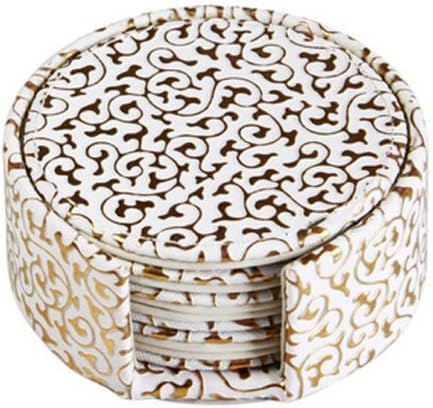 White PU leather coaster with holder set in Golden Pattern (6pcs) (4.3in/11cm Diameter)