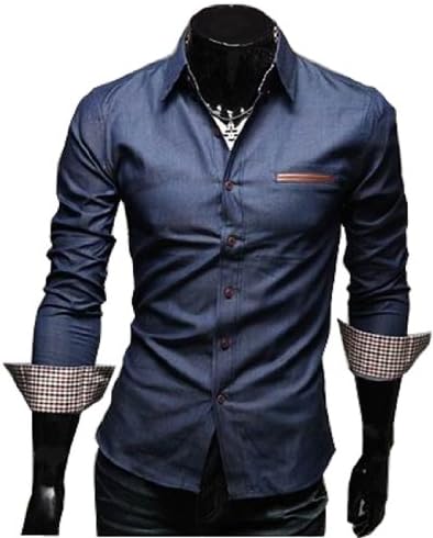 Men's Casual Slim Long Sleeve Denim Shirt N13 (L(US Small), Dark Blue)