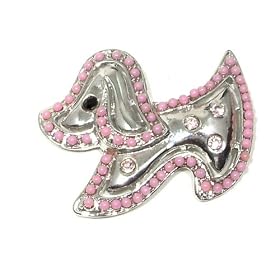 Puppy Doxie Dog Pink Color Beads and Austrian Rhinestone Silver-Tone Dog Brooch Pin