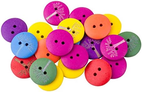 Pandahall 1 Bag Assorted Colour DIY Round Buttons with Painting Tree, 2-Hole Wooden Buttons, about 20mm in diameter, 5mm thick, hole: 2mm, 50pcs/bag