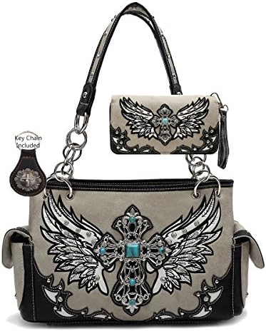 Western Handbag Wallet Set with Wings, Plus Keychain (Black)