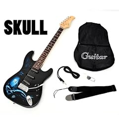 E-Gitarre Skull Totenkopf Motiv mit 3 Single Coils Pickup mit Tremolo, E-Gitarrentasche und Anschlusskabel