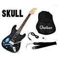 E-Gitarre Skull Totenkopf Motiv mit 3 Single Coils Pickup mit Tremolo, E-Gitarrentasche und Anschlusskabel