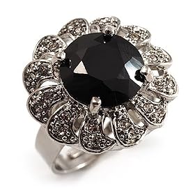 Jet Black Round-Cut CZ Flower Ring (Silver Tone)