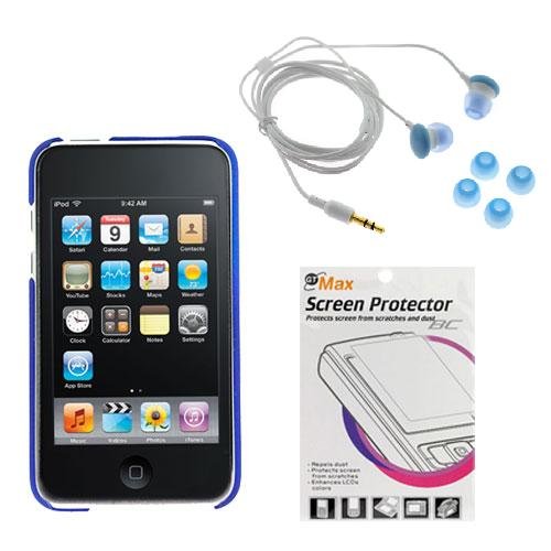 GTMax Blue Durable Hard Rubberized Slim Fit Back Cover + Blue Soft Gel 3.5mm Stereo Headset + LCD Screen Protector for Apple iPod Touch 8GB 32GB 64GB 3rd 3G Generation