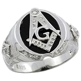 Sterling Silver Men's Black Onyx Masonic Ring w/ CZ Stones & Textured Sides, 5/8 in. (16mm) wide