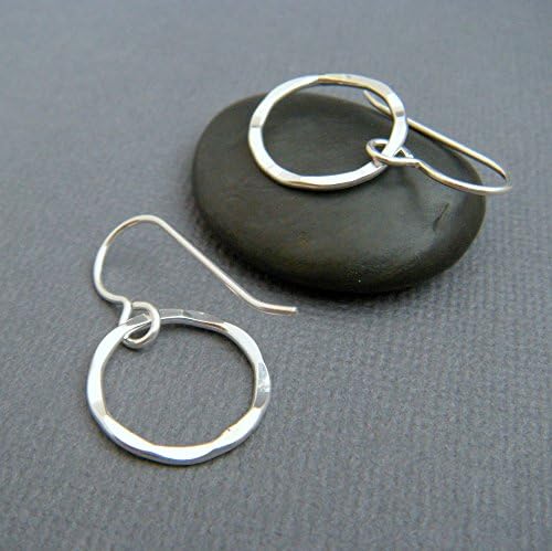 small sterling silver drop hoop earrings. hammered wavy round circle dangle. classic everyday jewelry. 5/8 inch